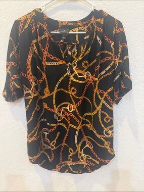 Worthington Black Chain-Print Short-Sleeve Blouse with Gold & Orange Links